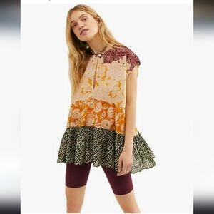 Free People Gotta Have You Cotton Mixed-Print BOHO  Keyhole Tunic Top Sz S